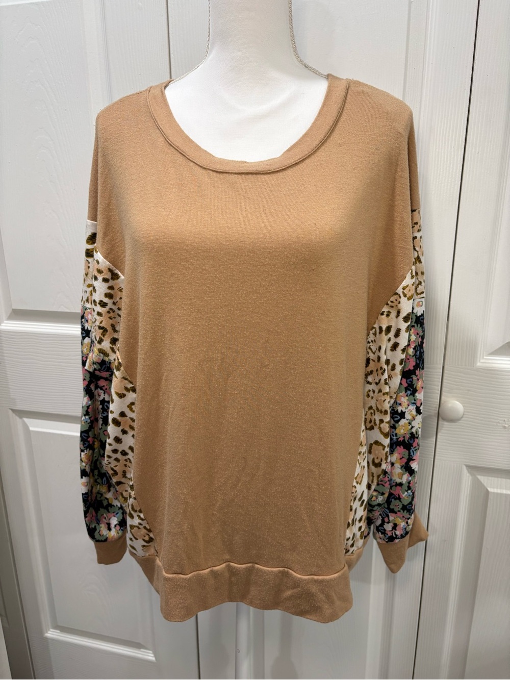 Women's Taupe Pullover Sweater with Floral & Leopard Sleeve Panels